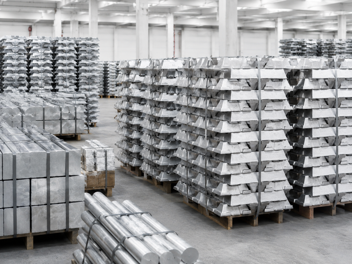 Aluminio primario en almacén industrial
