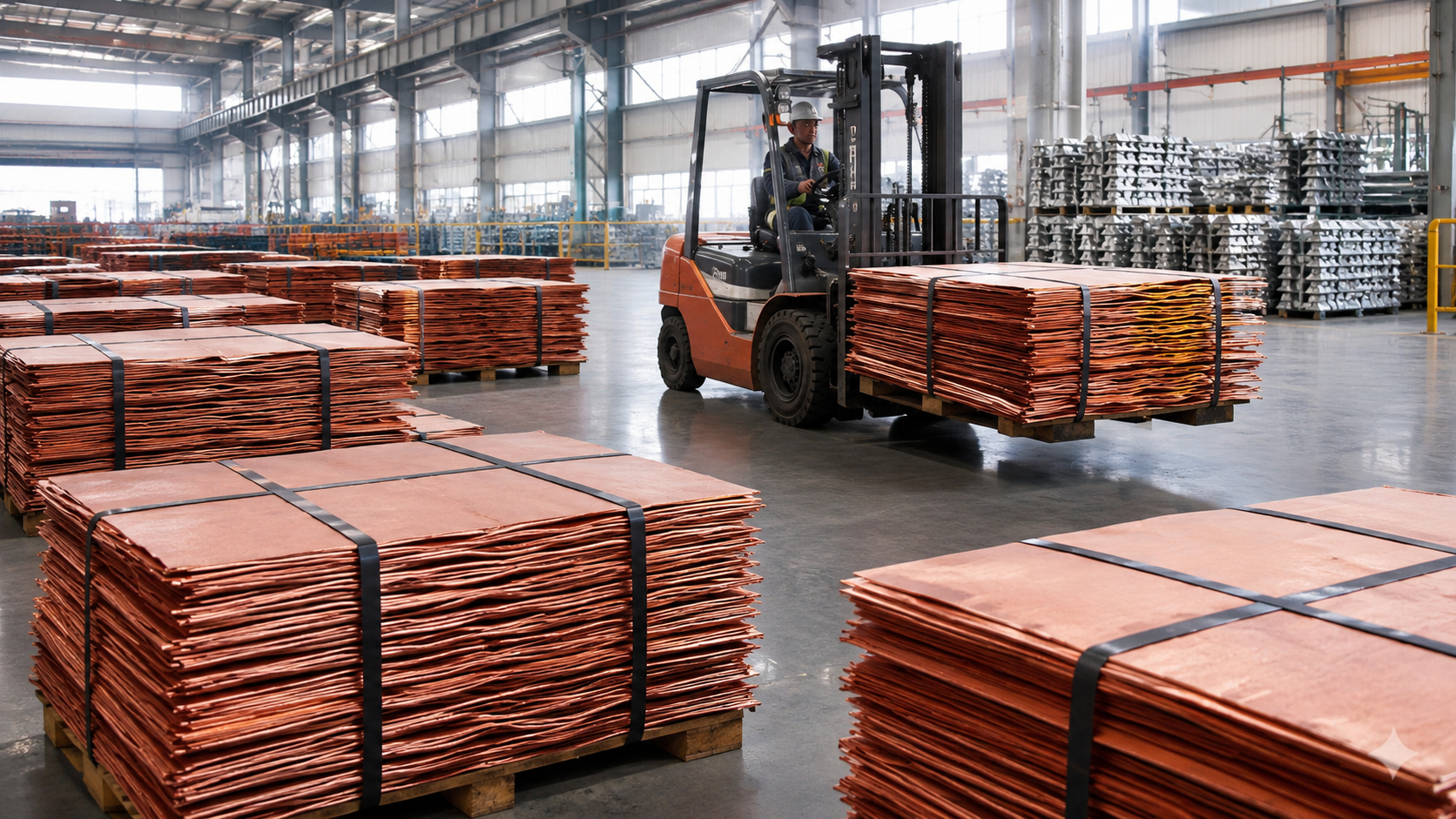 Maniobra de placas de cobre cátodo en bodega industrial Manitoba RTS